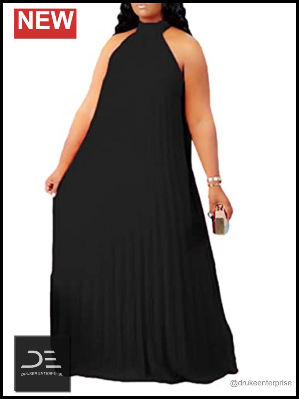 Plus Size Chiffon Halter Maxi Dress Pleated A-Line Sleeveless Bra